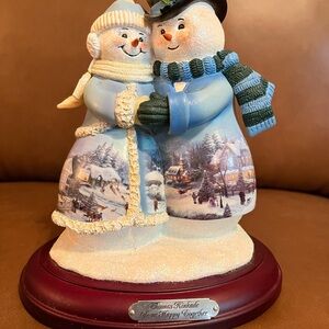 Thomas Kinkade Blue and White Snowman Couple Musical Figurine